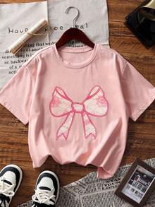 1件少女仿蕾丝蝴蝶结印花短袖T恤，学生休闲装，夏季上衣，适合女孩玩耍 - 粉色 - 查看 4