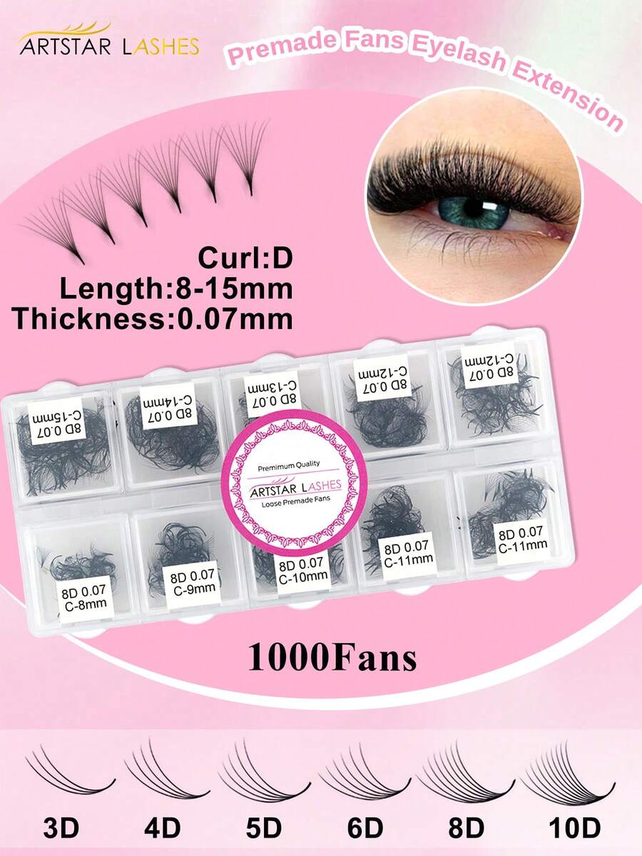 1000 sợi mi giả D-Curl Russian Volume đã được làm sẵn, mi nối 3D/4D/5D/6D/8D/10D mềm mại như lông chồn, 8-15 sợi/mảnh hỗn hợp - D - Xem 1