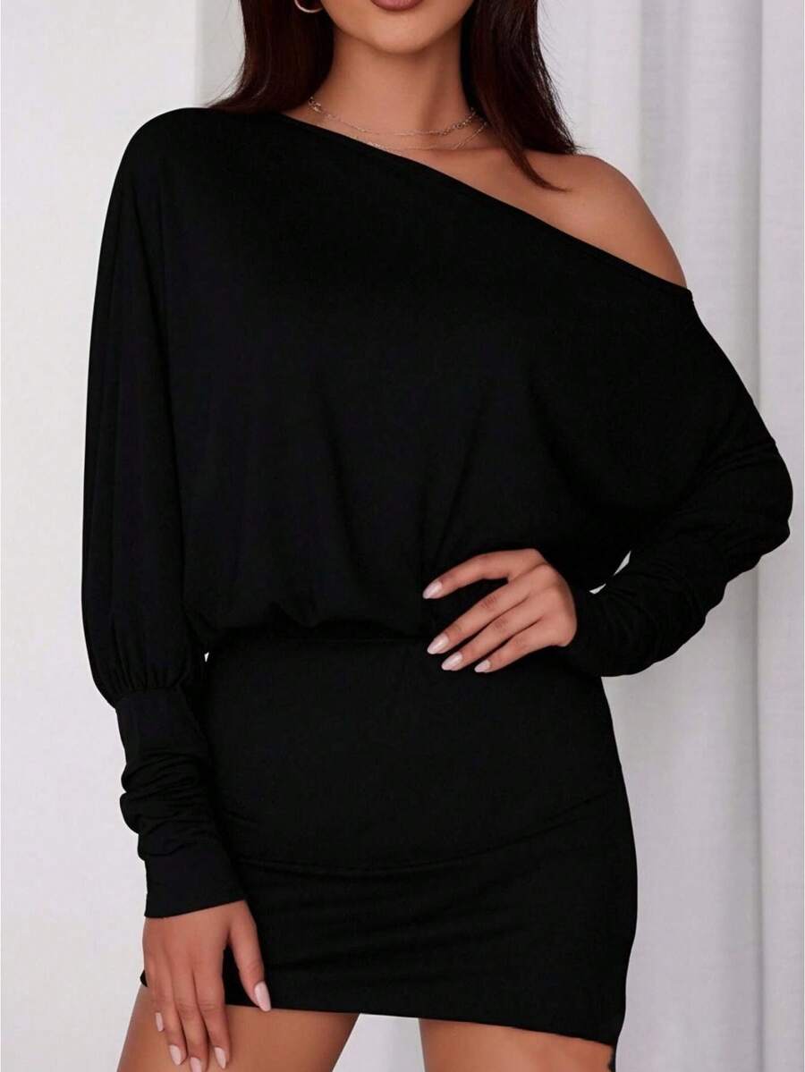 Women Off One Shoulder Dress Slim Solid Color Long Sleeve Mini Dress For Party Club - Black - View 1