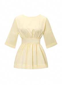 Look Polly 女士 Y2K 休闲度假蝴蝶结露背半袖衬衫，露背系带休闲上衣，适合海滩、度假、约会、聚会等场合 - 黃色 - 查看 3