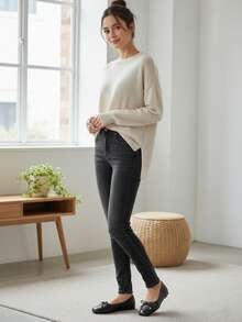 Women's Black Woven Texture Square Toe Ballet Shoes With Bow Accent, Casual Versatile Comfortable Commuting Shoes