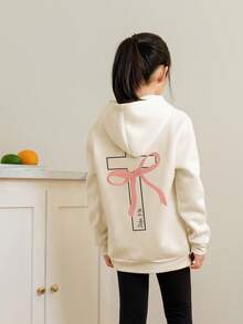 1件少女休闲印花套头卫衣，保暖内衬，长袖，秋冬季学生服装 - 杏色 - 查看 2