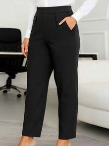 Plus Size Casual Solid Color Slant Pocket Long Pants, Suitable For All Seasons