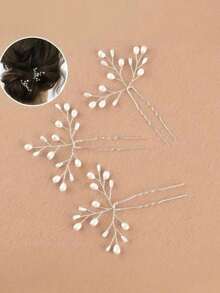 3pcs Elegant Faux Hair Clips - Handmade Metal Vintage Hair Accessories, Delicate Design, Suitable For Weddings, Parties, Casual Outfits - White - View 2