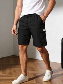 男士宽松抽绳腰带工装短裤，带翻盖口袋，黑色 - 黑色 - 查看 4