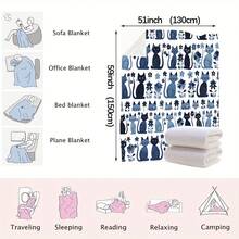 1 件柔软法兰绒毯，白色底色，蓝色调，复古卡通猫咪花卉图案满版印花，潮流跨境产品，卧室或沙发舒适毯，复古宠物爱好者风格，理想的新年礼物 - 彩色 - 查看 11