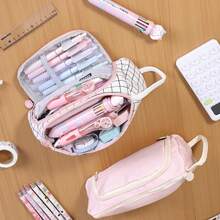 1 pieza Nuevo estuche de lápices/bolsa de almacenamiento diario de gran capacidad y multifuncional con diseño minimalista de triángulo a cuadros para estudiantes - Multicolor - Ver 7