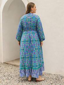 Rusttydustty Đầm maxi dài tay in hoa phong cách Bohemian dành cho nữ cỡ lớn, thích hợp cho tiệc trà và kỳ nghỉ, nhiều màu sắc, cổ chữ V, vạt xếp lớp, dáng suông thanh lịch. - Màu xanh lam - Xem 5