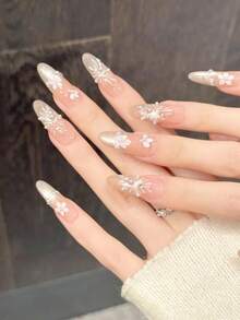 10PCS Long Oval Handmade Press On Nails For Party And Daily Wear ,Pink Color Nails,Oval Nails,Fireworks,Floret,Shiny And Dazzling,Easy To Wear 10pcs Y2K Handmade Press On Nails,Suitable For Girls And Women Festivals Parties And Daily Wear Nail Supplies - Baby Pink - View 4