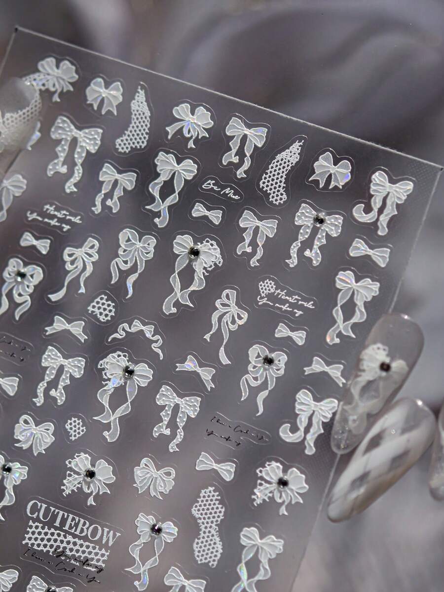 1pc 5D Crystal Diamond Nail Sticker, Luxury Nail Sticker, Exquisite Nail Decoration Sticker, Bow Nail Decoration Sticker - White - View 1