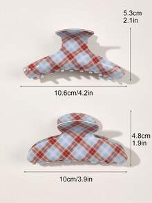 2件套蓝色和卡其色撞色格纹简约单肩半圆发爪，度假风，蓬松发饰，女士时尚发夹，优雅发卡，休闲发夹 - 2件套-藍卡格紋 - 查看 3