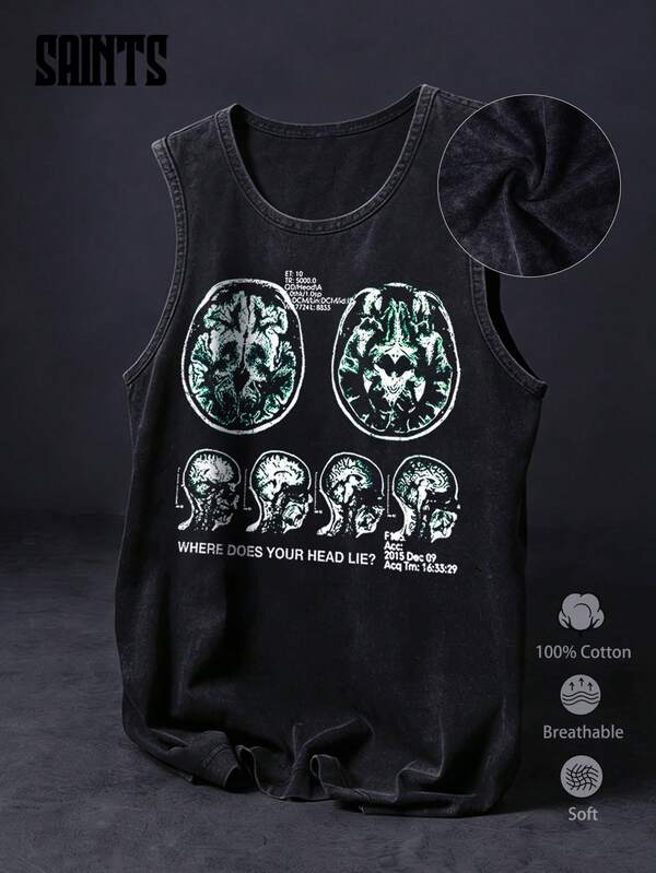 1 Stück Herren modisches bedrucktes T-Shirt, Sommer dunkler Cyberpunk Medizinischer Hirnscan Muster Vintage Kurzarm Top