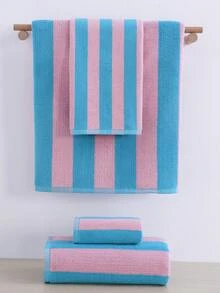 QIBHI 3/1pc Colorful Striped 100% Cotton Absorbent Towel (34*75cm) / Bathroom Bath Towel 70*140cm/Terry Towel, Suitable For Bathroom, Hotel, Gym, Travel, Gift, Salon, Sports, Outdoor, Beach, School, Back To School, Travel Accessories, Home Essentials, Towel, Skin Care - Multicolor - View 3