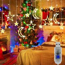 1pc 5-Pointed Star & Moon Panoramic LED Curtain Light, 2026 New Star & Moon Curtain Light - USB Powered, Star & Moon Divider Fairy Lights, LED String Lights, Dreamy Starry Sky Style, Suitable For Room, Living Room, Window, Stairs, Balcony, Gift, Party Decor, Holiday Decor - Stars and Moon - View 9
