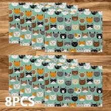 1/4/6/8/12 Peças Jogos Americanos Laváveis Impressos com Padrão de Gato, Protetores de Superfície de Mesa, Tapetes de Mesa de Jantar Interno e Externo, Adequados para Festas de Feriados, Cozinha e Jantar