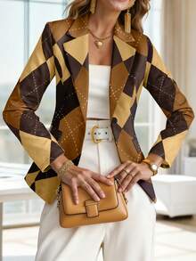 HOMEYEE 格子印花复古休闲西装外套，优雅百搭，适合日常、商务和通勤穿着。 - 卡其色 - 查看 6