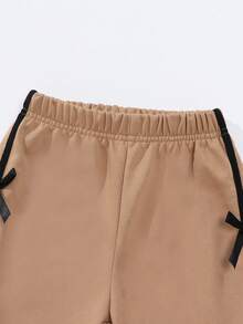 Girls Autumn/Winter Fashion Set, Short Hooded Sweatshirt With Bow Decor & Wide Leg Pants - Khaki - View 4
