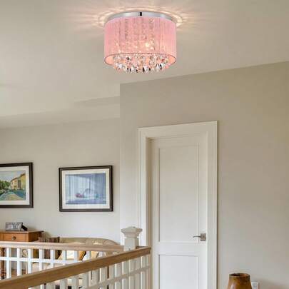 Modern Crystal Chandelier With Circular Pink Lampshade Embedded Ceiling Light, Bedroom Crystal Chandelier, Dining Room Kitchen Island Bedroom Chandelier E14 Lamp Holder (Excluding Light Bulb)