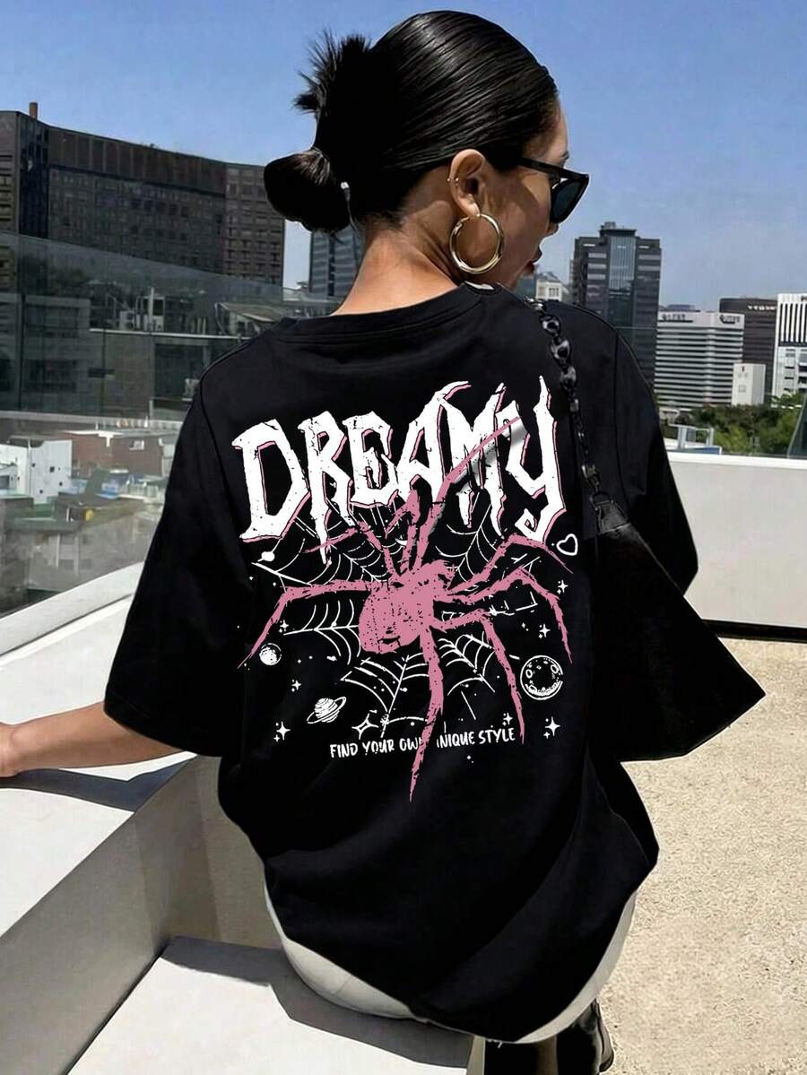 Camiseta de cuello redondo con estampado de araña de dibujos animados, top casual suave de estilo Y2K para primavera/verano - Negro - Ver 1