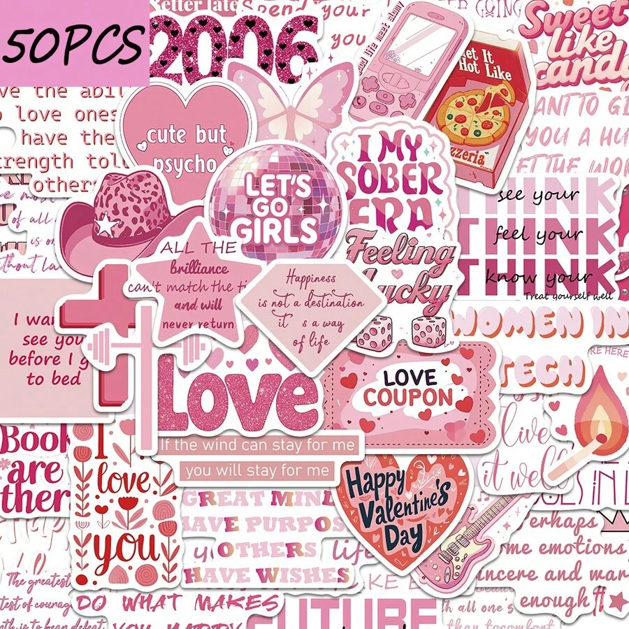 50pcs Pink Quotes Stickers, Decorate Phone Cases, Notebooks, Laptops, Water Cups, Waterproof Stickers - Multicolor - View 1