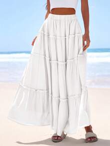 Women's Tiered Maxi Skirt Summer Spring Fashion  High Waisted Long Flowy Casual Boho Beach Vacation Clothes - trắng - Xem 3