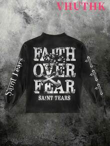 VHUTHK (250g Pure Polyester Round Neck Pullover Sweater) <Saint Tears: Faith Over Fear> Double Sided Digital Printing, Filament Effect  Y2K Men's Round Neck Sweater In Autumn And Winter. - 黑色 - 查看 2