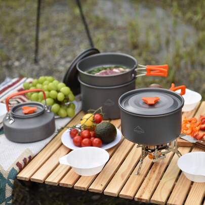 Utensilios de cocina para exteriores, equipo de picnic, juego completo de estufa, hervidor, olla de camping, vajilla portátil y ligera