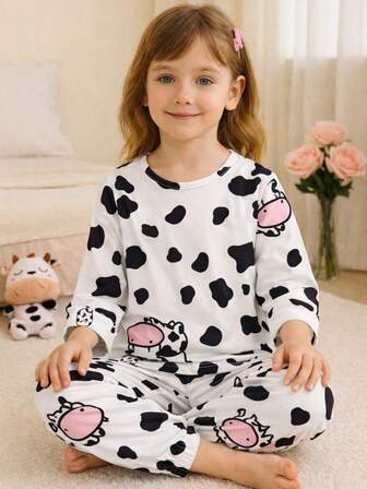 Conjunto de pijama para niñas con estampado de manchas de vaca, de cuello redondo y manga larga, conjunto de 2 piezas a juego