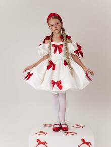 小女孩吊带蝴蝶结泡泡袖公主裙，适合儿童生日派对、花童、婚礼、舞会、聚会、节日庆典等场合。 - 白色 - 查看 2