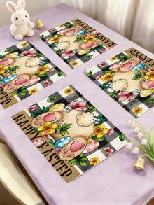 1pc/2pcs/4pcs Colorful Easter Bunny, Eggs & Cross Floral Print Placemats, Fresh Holiday Style Polyester Rectangular Tablecloths With Vibrant Floral Patterns And "He Is Risen" Text - Easy Clean Non-Slip Placemats, Suitable For Easter Celebrations, Adult Parties, Spring Outdoor Dining And Daily Table Decor, Great Gift For Family And Friends