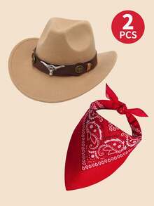 2pcs/Set Kids Western Cowboy Costume - Classic Rolled Brim Felt Cowboy Hat And Paisley Bandana, Suitable For 3-12 Years Old Boys & Girls, Cowgirl Hat With Bull Snap, For Rodeo, Halloween Costume And Cowboy Outfit - (Big Bull's Head) + Red Square Scarf - View 9