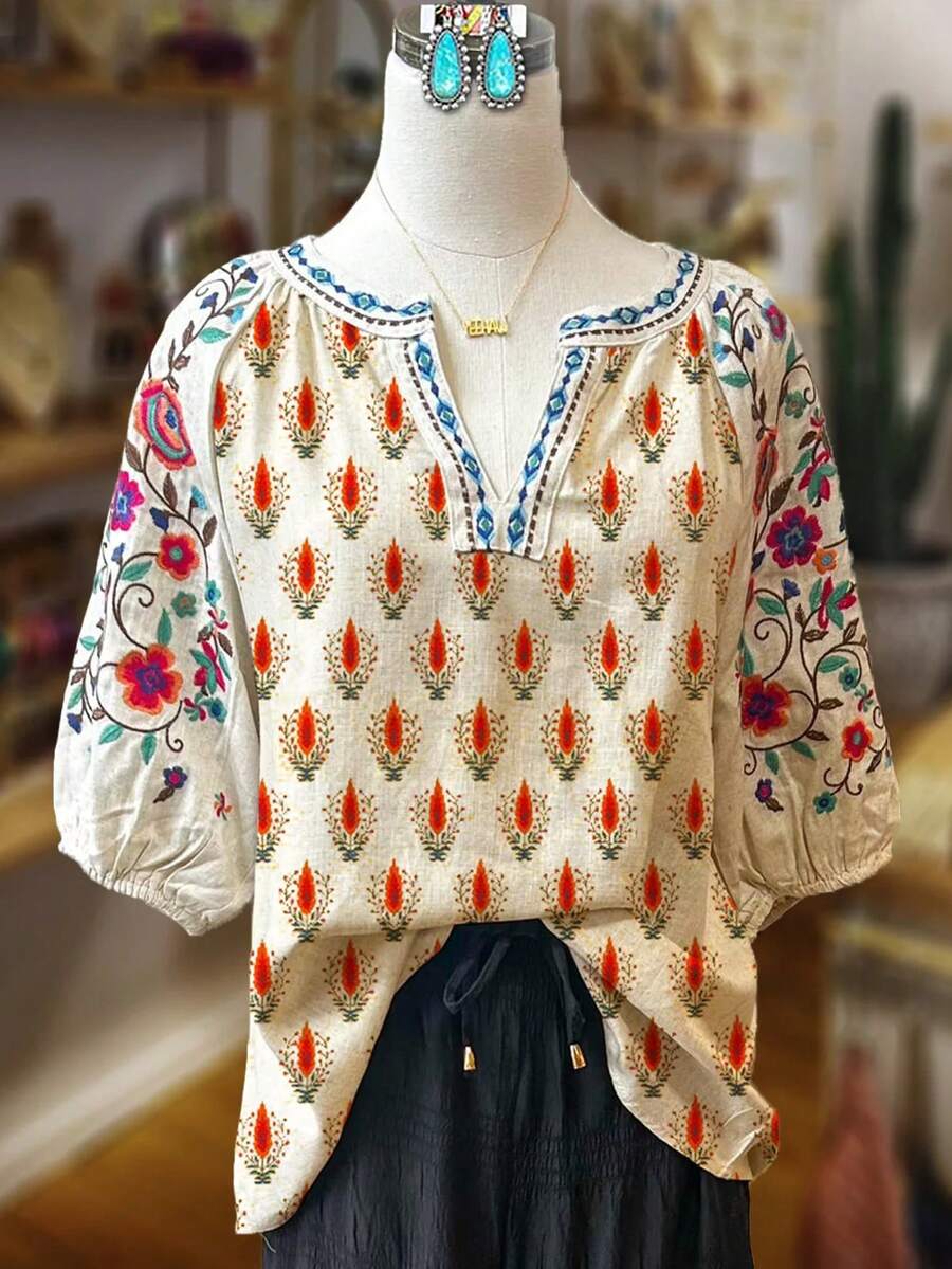 Botanical And Geometric Print Blouse: V-Neck Shirt With Blue And Black Trim & Colorful Sleeve Design In 100% Polyester For Boutique Shopping, Casual Outings And Artistic Boho Style For Women. - 混合色 - 查看 1