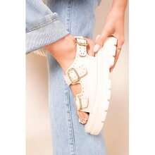 IKRUSH Chunky Double Buckle Studded Platform Sandals I39364  Wedge Chunky Platform Mid Heel Regular Length Regular Fit - White - View 3