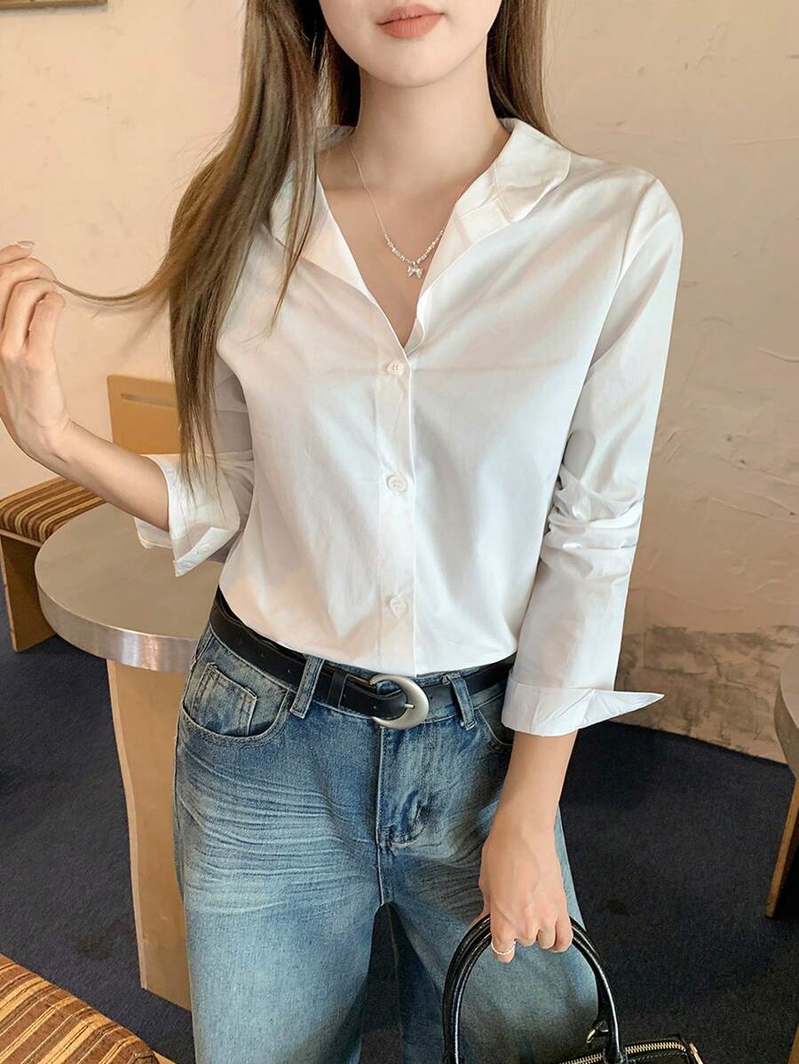 女士法式V领长袖衬衫，新款设计，收腰剪裁，优雅时尚，春季必备 - 白色 - 查看 1