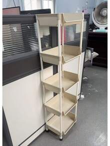 1pc White Mobile Storage Cart, Plastic Utility Organizer Rack On Wheels, Adjustable Shelving Units, Space Saving For Living Room, Bedroom, Dorm, Office - Easy Assembly, Sturdy Construction, Compact Design, Freestanding, Tilted Shelves, Multipurpose