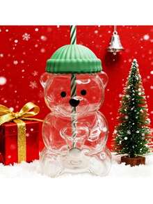 1/2pcs 590ml Mini Bear-Shaped Glass Cup With Green Hat Lid & Straw - Transparent Adorable Bear Bottle For Drinking, Cute Glass Glass Vessel For Home Office Use, Christmas Gift 2025, Reading Vessel, Holiday Present, Playful Drinkware, Durable Glassware - 綠色+橘色 - 查看 7
