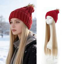 女士冬季保暖长直发假发帽针织帽，逼真黑色合成纤维发丝，适合寒冷天气 - 彩色 - 查看 9