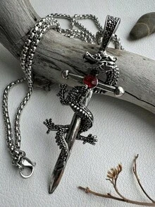 1pc Men's Dragon Sword Shaped Pendant Necklace, Punk Street Style - Everyday Necklace, Christmas Gift For Boyfriend - Silver - View 2