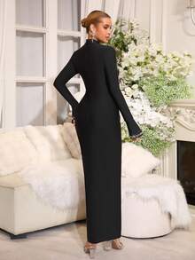 Modphy New Sexy Black Round Neck Bell Sleeve Rhinestone Decor Bodycon Bandage Maxi Dress, Fashion Party Formal Evening Gown - Black - View 6