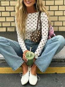 SHEIN x Luisa Sonza Women's Polka Dot Mesh Long Sleeve Tee, Fall Winter Slim Fit Casual Top - White - View 9