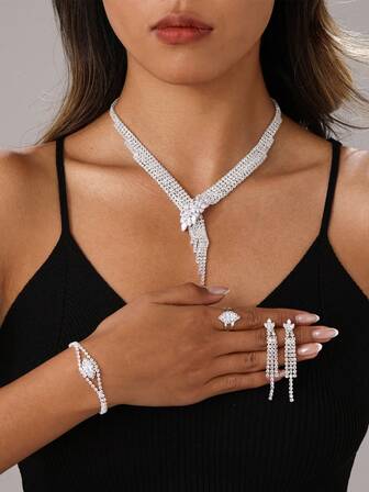 Elegante conjunto de joyas de cristal multicapa con brillo - Collar, aretes, pulsera, anillo, accesorios para vestido de novia y boda para mujeres