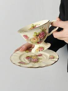 1 Set (1 Cup + 1 Saucer) Nordic Style English Ceramic Rose Coffee Cup & Saucer Set, Hollow Heart Saucer, American Latte Coffee Cup & Saucer, High-End Classical Palace Style Afternoon Tea Cup, Office/Home Tea Cup Set, Breakfast Milk Mug, Valentine's Day/Birthday Gift, Party Supplies, Gift For Boyfriend/Girlfriend - Multicolor - View 6