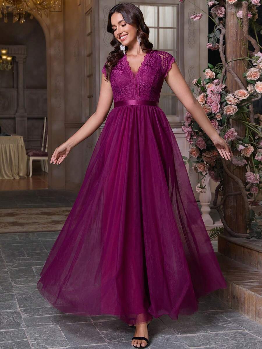 Women's V-Neck Lace Patchwork Zipper Sequin Patchwork Bridesmaid Dress For Wedding Guest, Homecoming, Party, Prom, Formal Event, Evening Gowns, Spring/Summer/Autumn - Red Violet - View 1