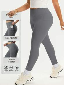 Plus Size High Waist Thick Yoga Pants With Pockets, Tummy Control Lifting Butt Shaping Workout Leggings, For Women - Grey - View 5
