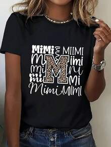 Große Größen Mimi Leopardenmuster M Handschriftlicher Text. Grafik T-Shirt, Casual Komfort Top für den täglichen Gebrauch Schwarz - Schwarz - Übersicht 4