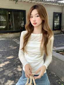 女士网眼长袖T恤，秋季款，独特设计，褶皱修身短款上衣 - 白色 - 查看 1