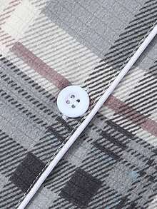 格子印花女士泡泡褶皱长袖睡衣套装 - 灰色 - 查看 4