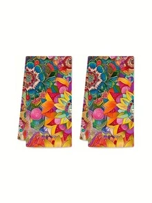1/2/4Pcs Bohemian Floral Kitchen Towels - Rustic Style, Reusable And Fade-Resistant Polyester Dishcloths Suitable For Cooking, Baking, And Cleaning - Perfect For Halloween And Party Decorations, - Multicolor - View 9