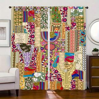 2pcs/Set Bohemian Patchwork Design Curtains, Colorful Art Print, Rod Pocket Sheer Curtains, High Definition Digital Printing, Vibrant, Suitable For All Seasons, Home Decor For Living Room, Bedroom, Study, Nordic Style, Luxury Style, Festival Holiday Decor, Room Decor, Rod Pocket Installation, Semi-Transparent Digital Print Curtains, Polyester Material, Applicable For Living Room, Princess Room, Dining Room, Bedroom, Kitchen