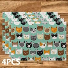 1/4/6/8/12 Peças Jogos Americanos Laváveis Impressos com Padrão de Gato, Protetores de Superfície de Mesa, Tapetes de Mesa de Jantar Interno e Externo, Adequados para Festas de Feriados, Cozinha e Jantar